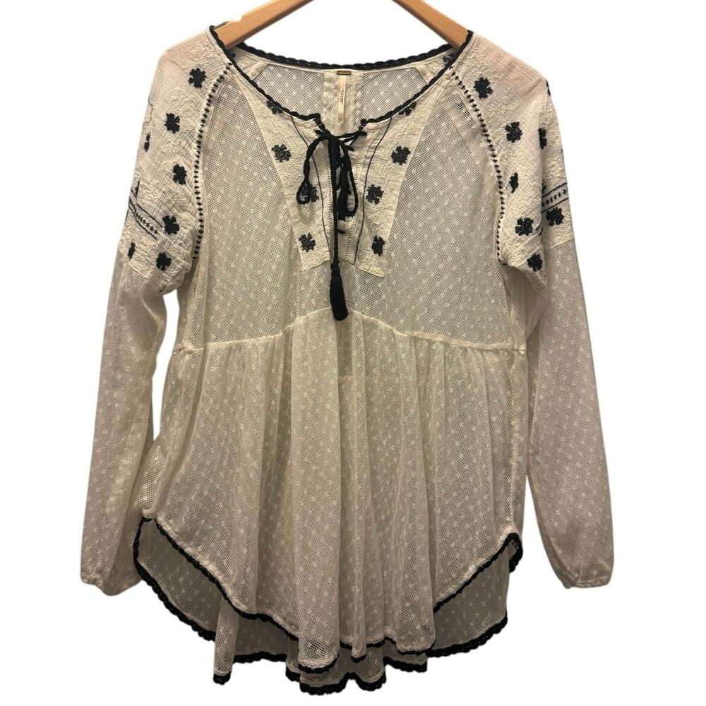 Free People Women's Cream & Black Embroidered Boho Peasant Tunic Top Size Large